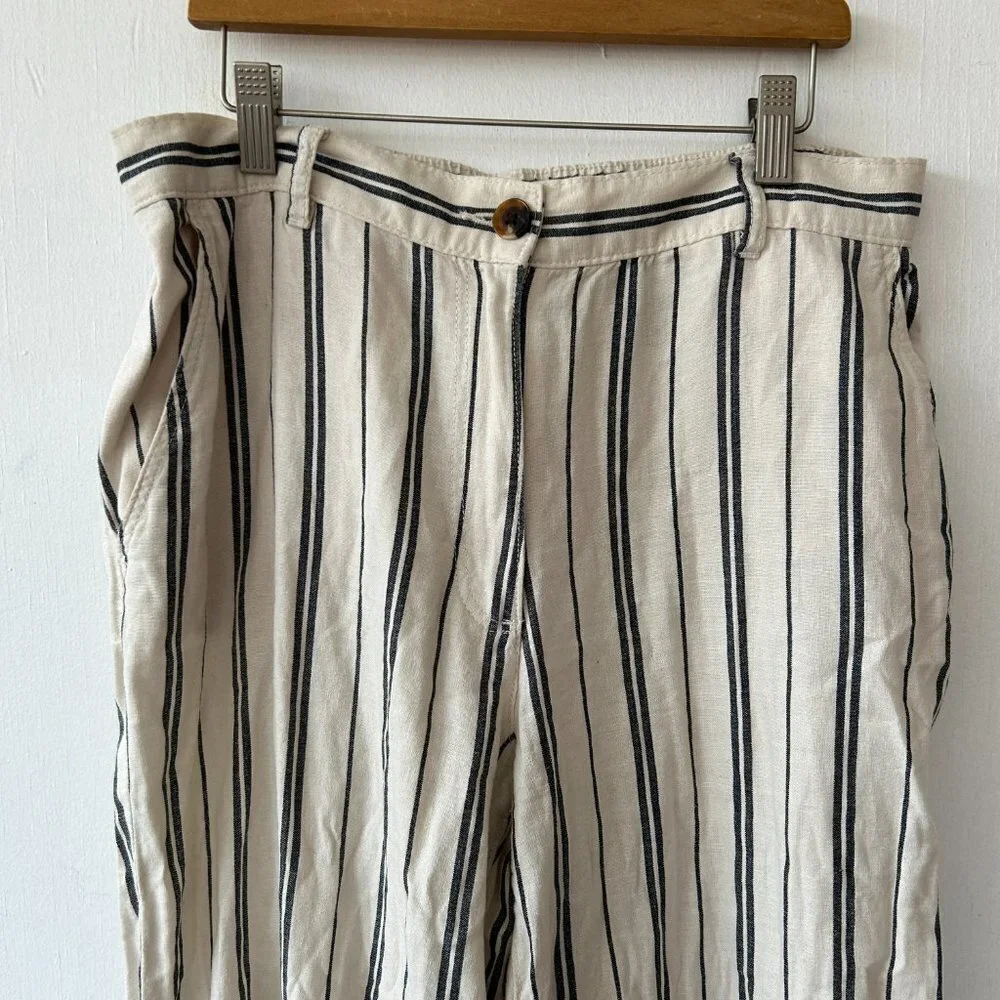 H&M Linen Blend Trousers Womens Size 10‎ Blue Striped Minimalist Wide Leg Pants